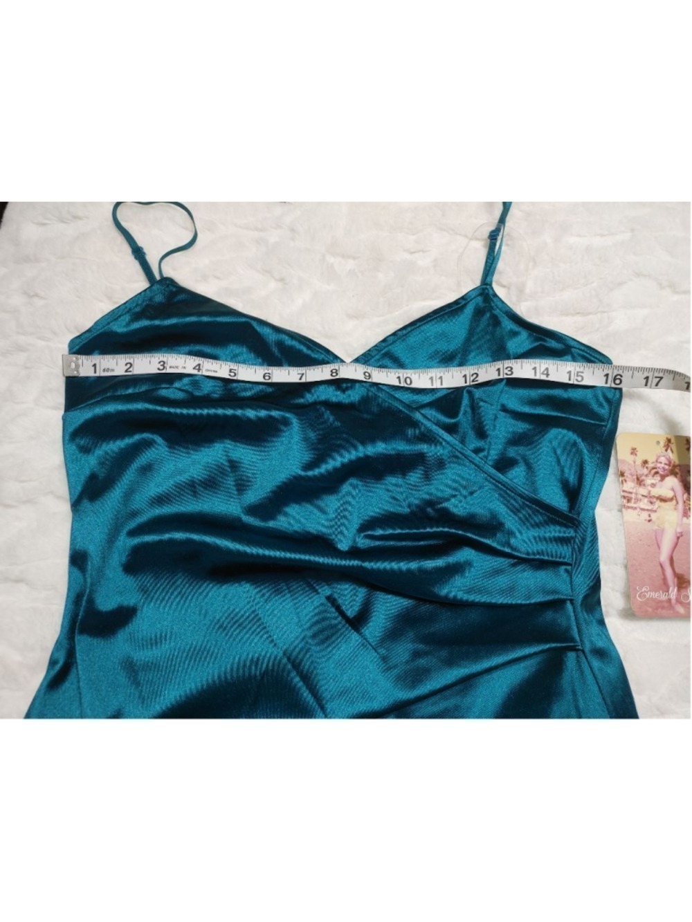 Women's Emerald Sundae Emerald Green Satin Sheath Slip V Wrap Dress with Slit *M - Picture 4 of 13